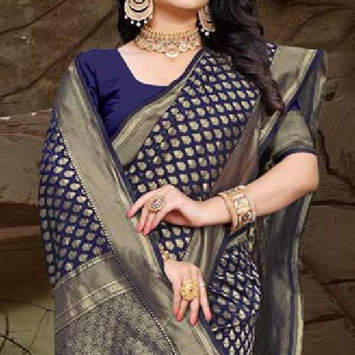 Adorable Navy Blue Colored Festive Wear Woven Art Silk Saree - Peachmode