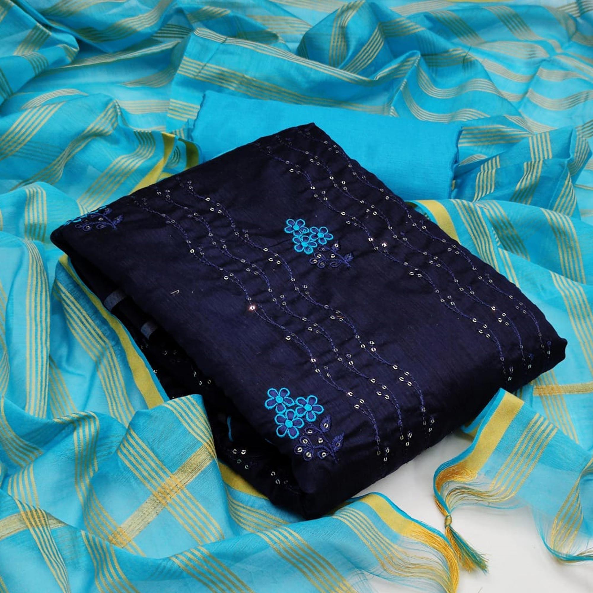 Adorable Navy Blue - Light Rama Colored Casual Wear Embroidered Chanderi Dress Material - Peachmode
