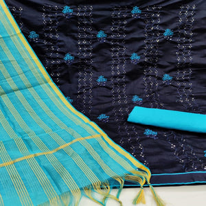 Adorable Navy Blue - Light Rama Colored Casual Wear Embroidered Chanderi Dress Material - Peachmode