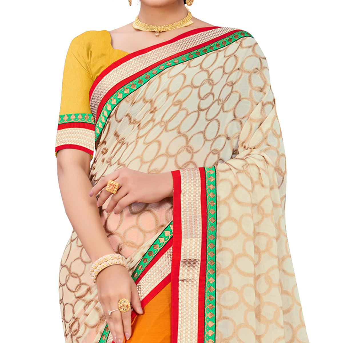 Adorable Orange-Cream Colored party Wear Georgette Half-Half Saree - Peachmode