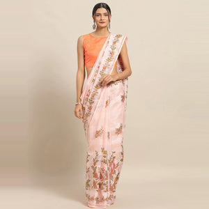 Adorable Peach Colored Casual Wear Floral Printed Linen Saree - Peachmode