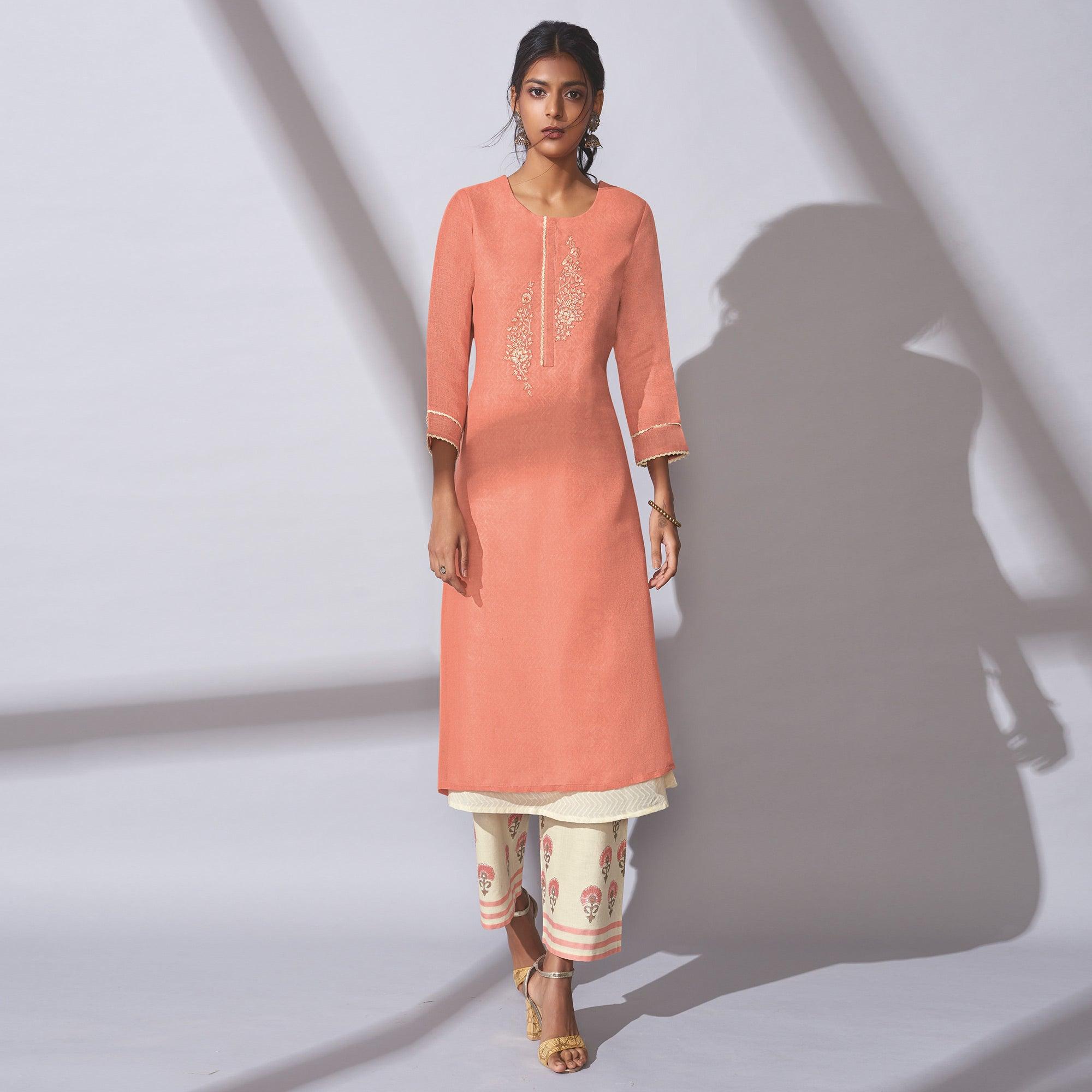 Adorable Peach Colored Party Wear Embroidered Khadi Cotton Kurti-Palazzo Set - Peachmode