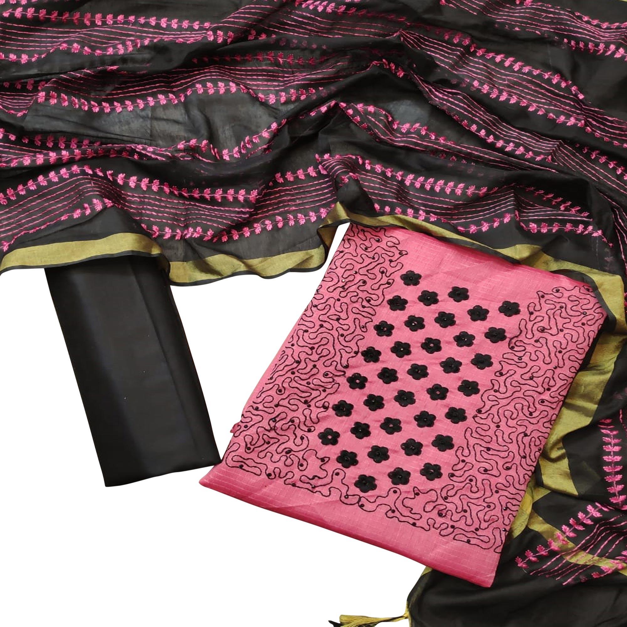 Adorable Pink Colored Casual Wear Embroidered Manipuri Silk Dress Material - Peachmode