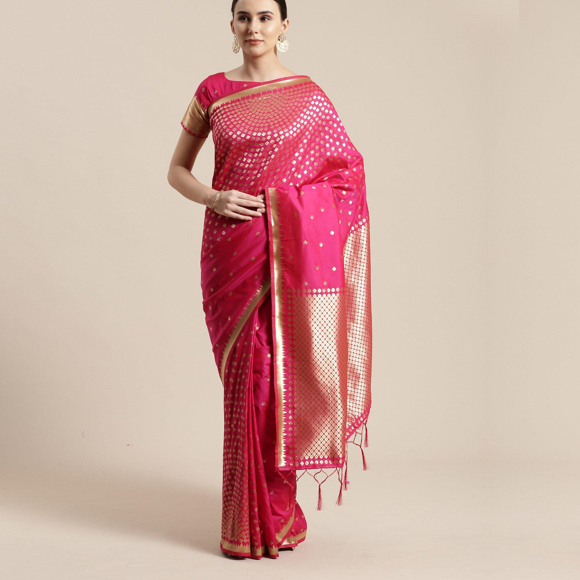 Adorable Pink Colored Festive Wear Silk Blend Woven Geometric Saree With Tassels - Peachmode