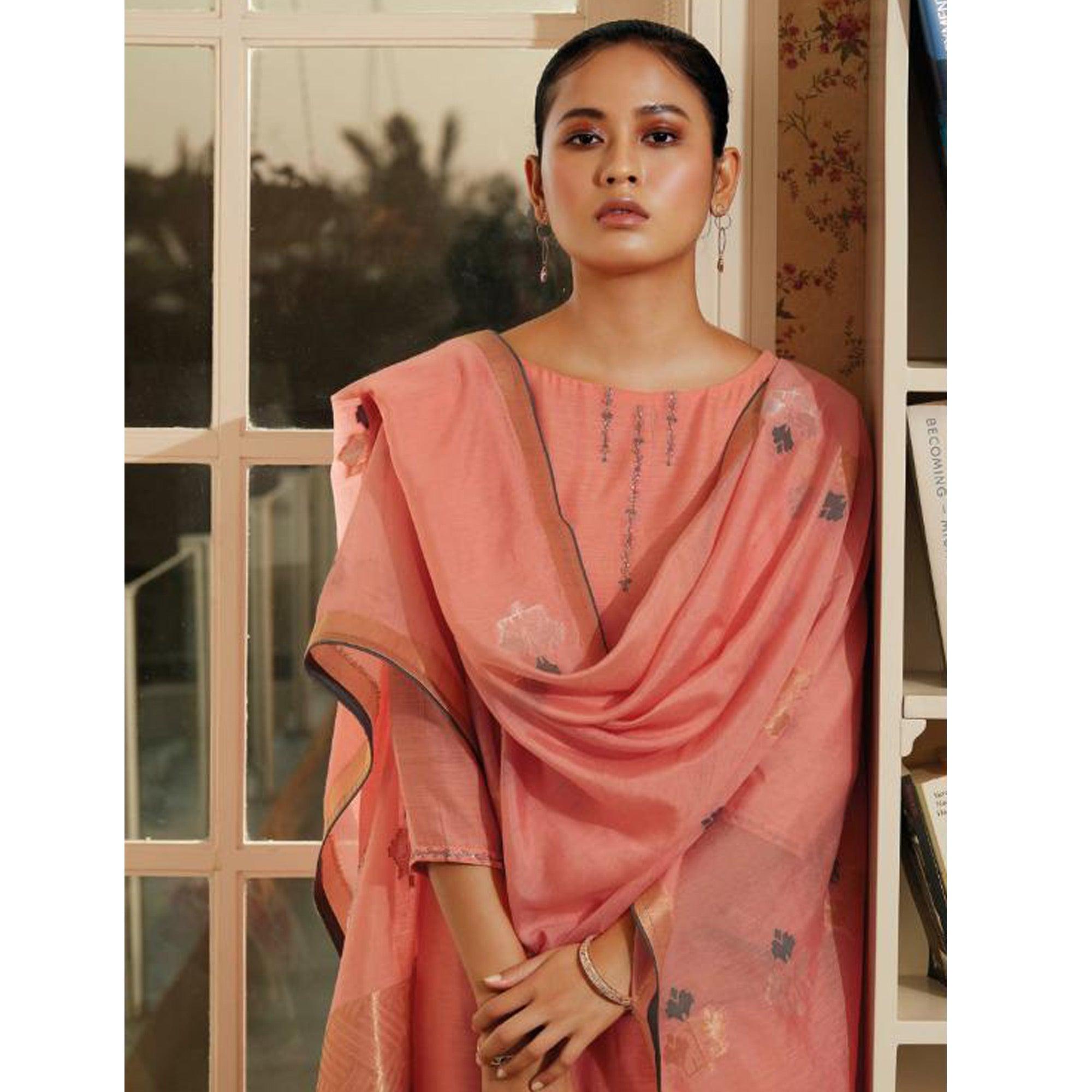 Adorable Pink Colored Partywear Embroidered Pure Silk Suit - Peachmode