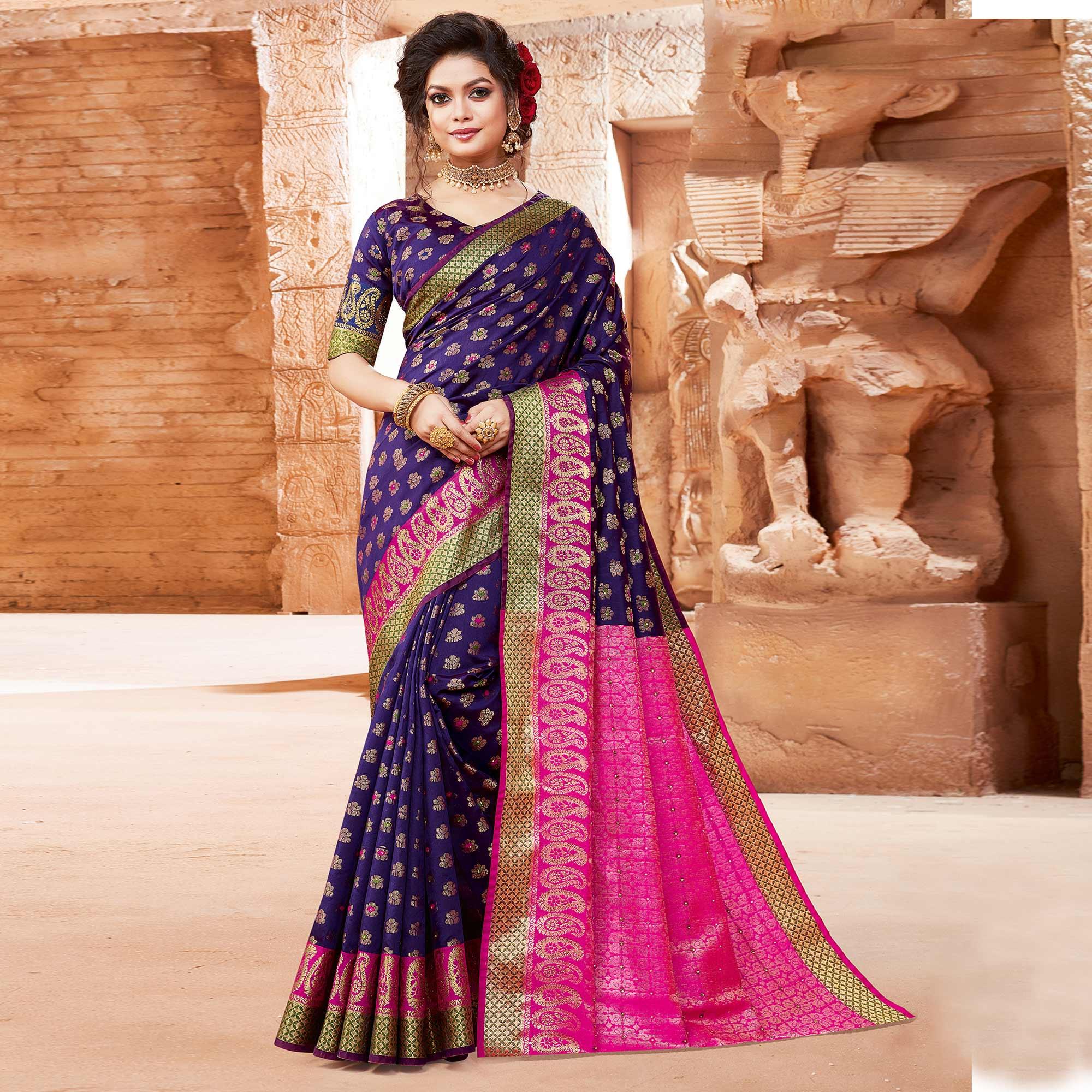 Adorable Purple Colored Festive Wear Woven Handloom Silk Saree - Peachmode