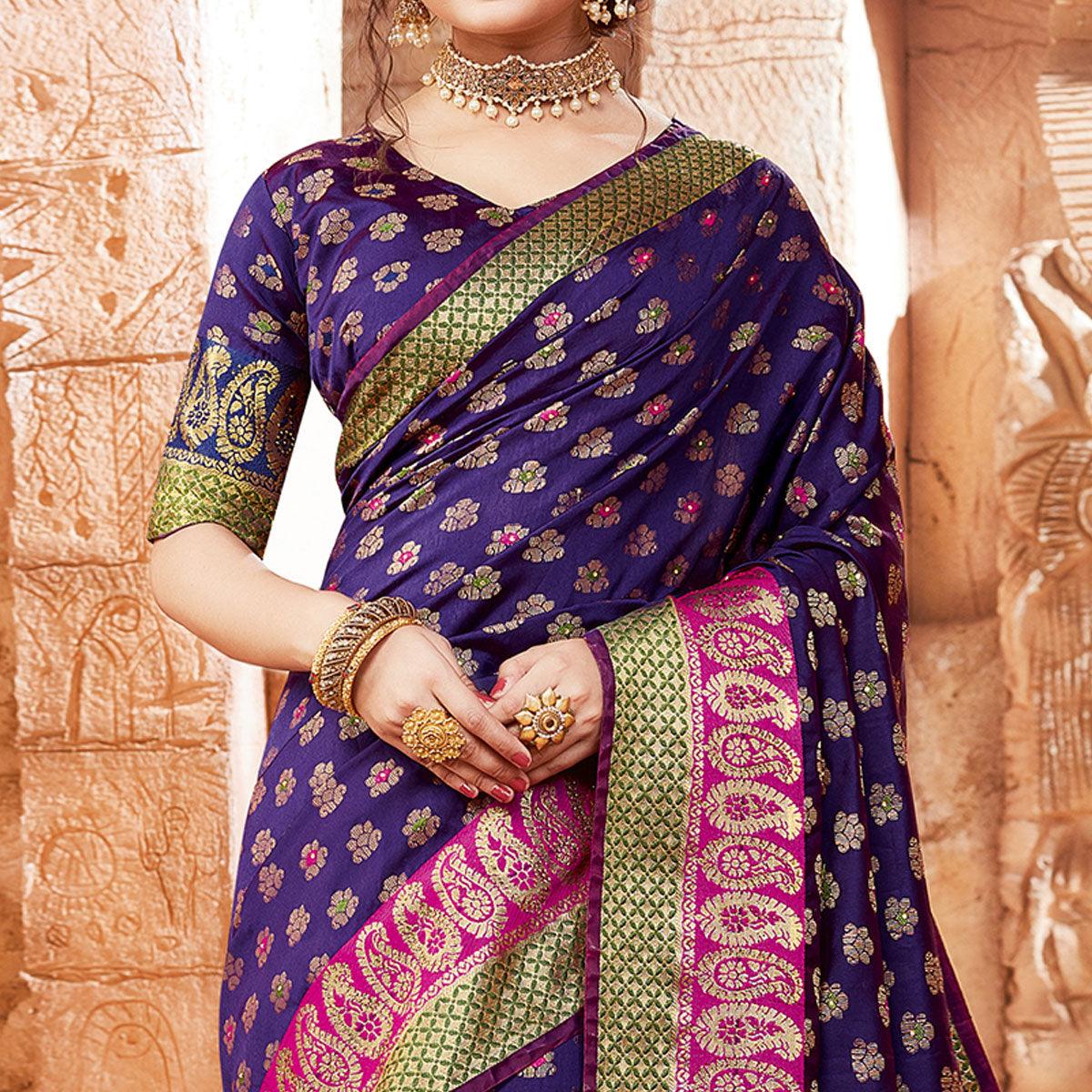 Adorable Purple Colored Festive Wear Woven Handloom Silk Saree - Peachmode