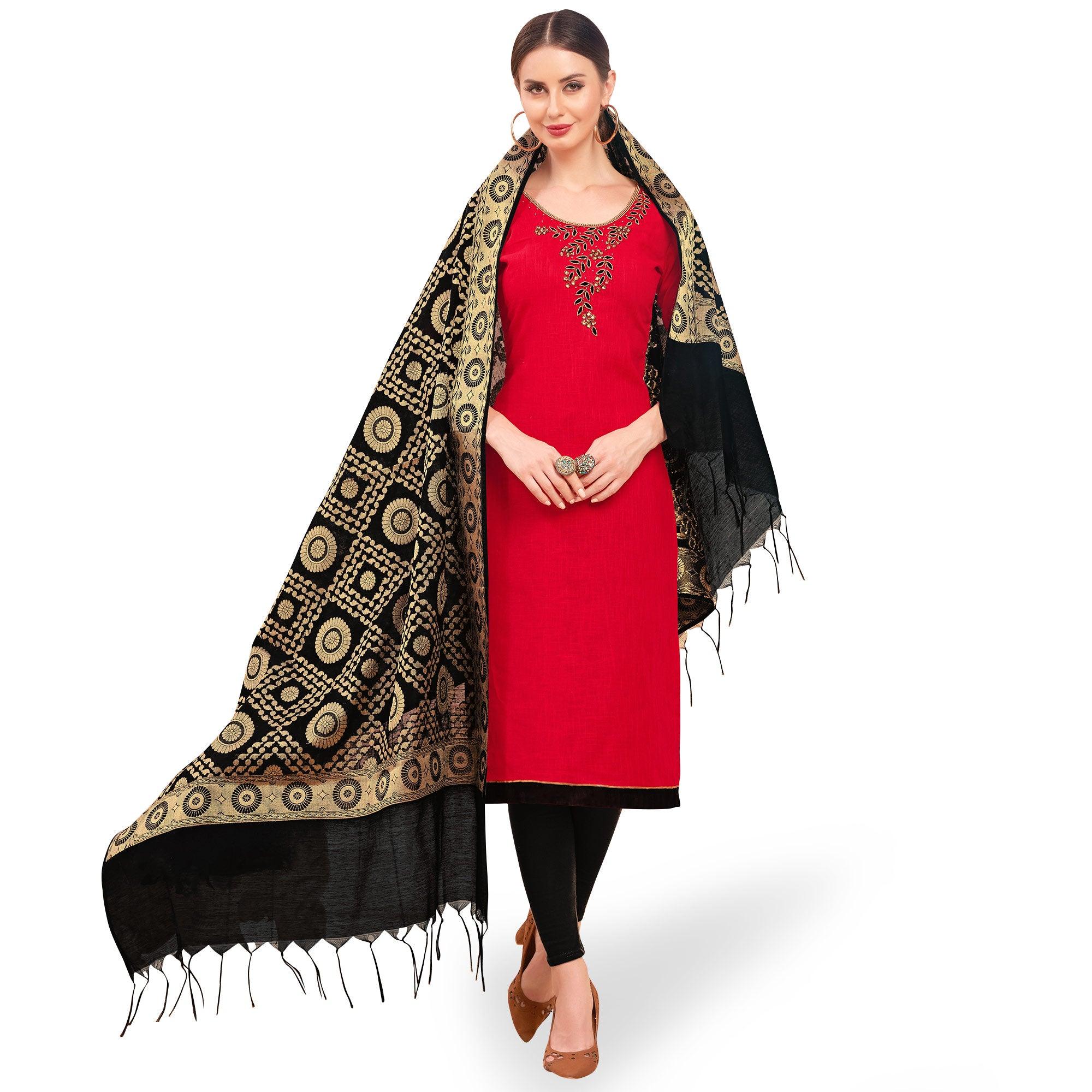 Adorable Red Colored Casual Wear Embroidered Cotton Dress Material With Banarasi Silk Dupatta - Peachmode