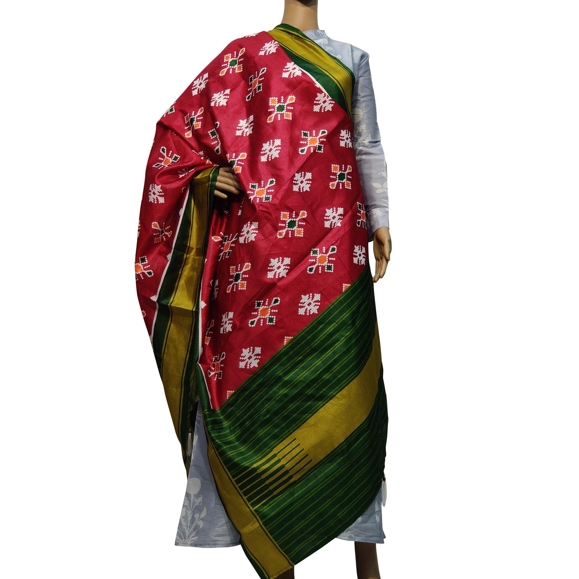 Adorable Red Colored Casual Wear Printed Cotton Silk Dupatta With Tassels - Peachmode