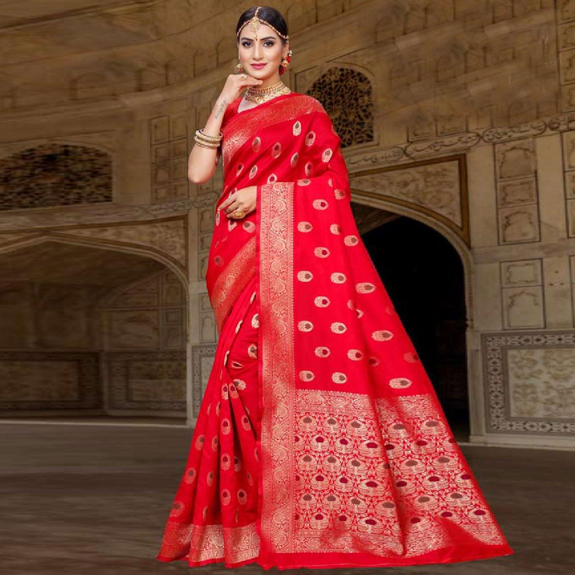 Adorable Red Colored Festive Wear Woven Art Silk Saree - Peachmode
