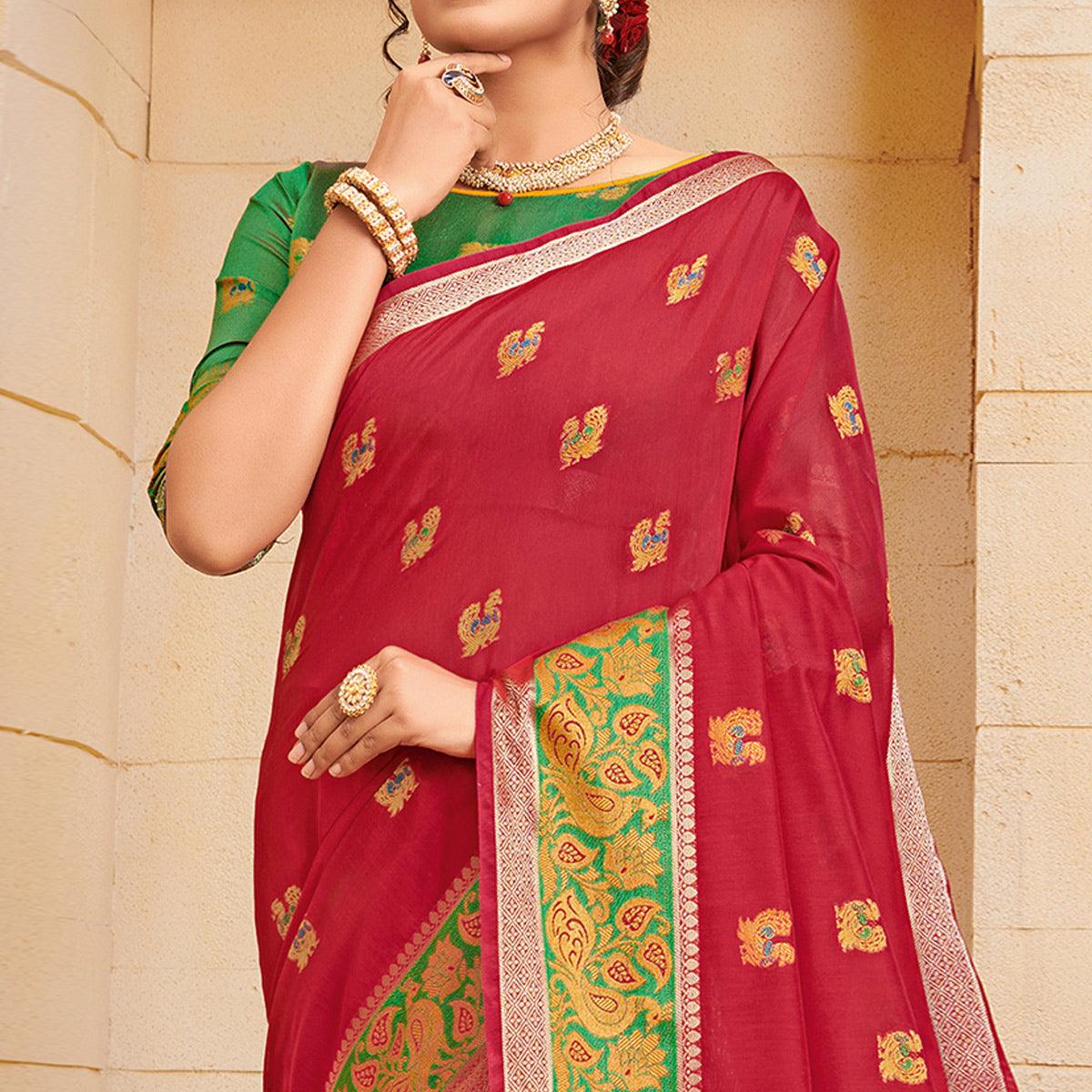 Adorable Red Colored Festive Wear Woven Cotton Saree - Peachmode