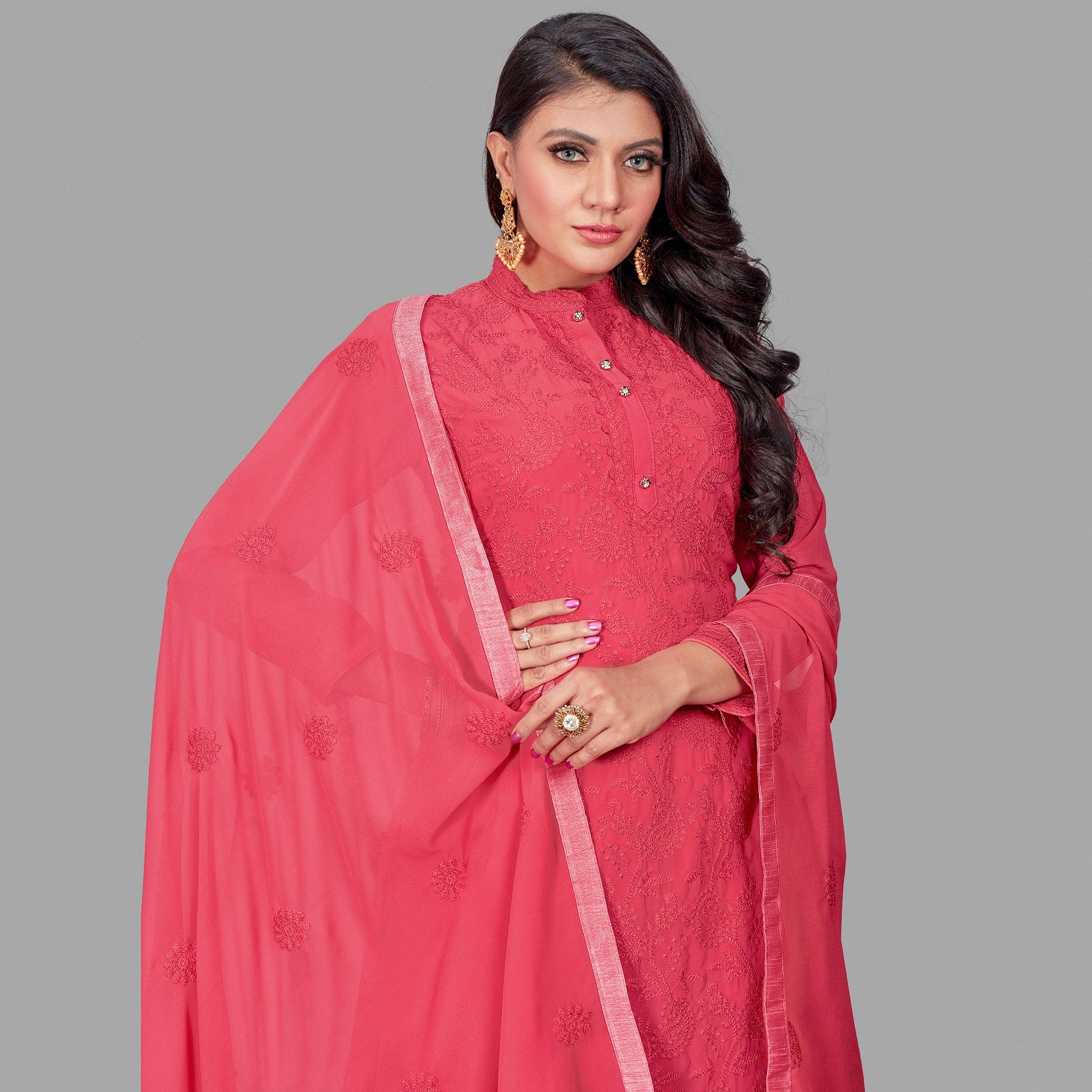 Adorable Red Colored Party Wear Embroidered Faux Georgette Palazzo Suit - Peachmode