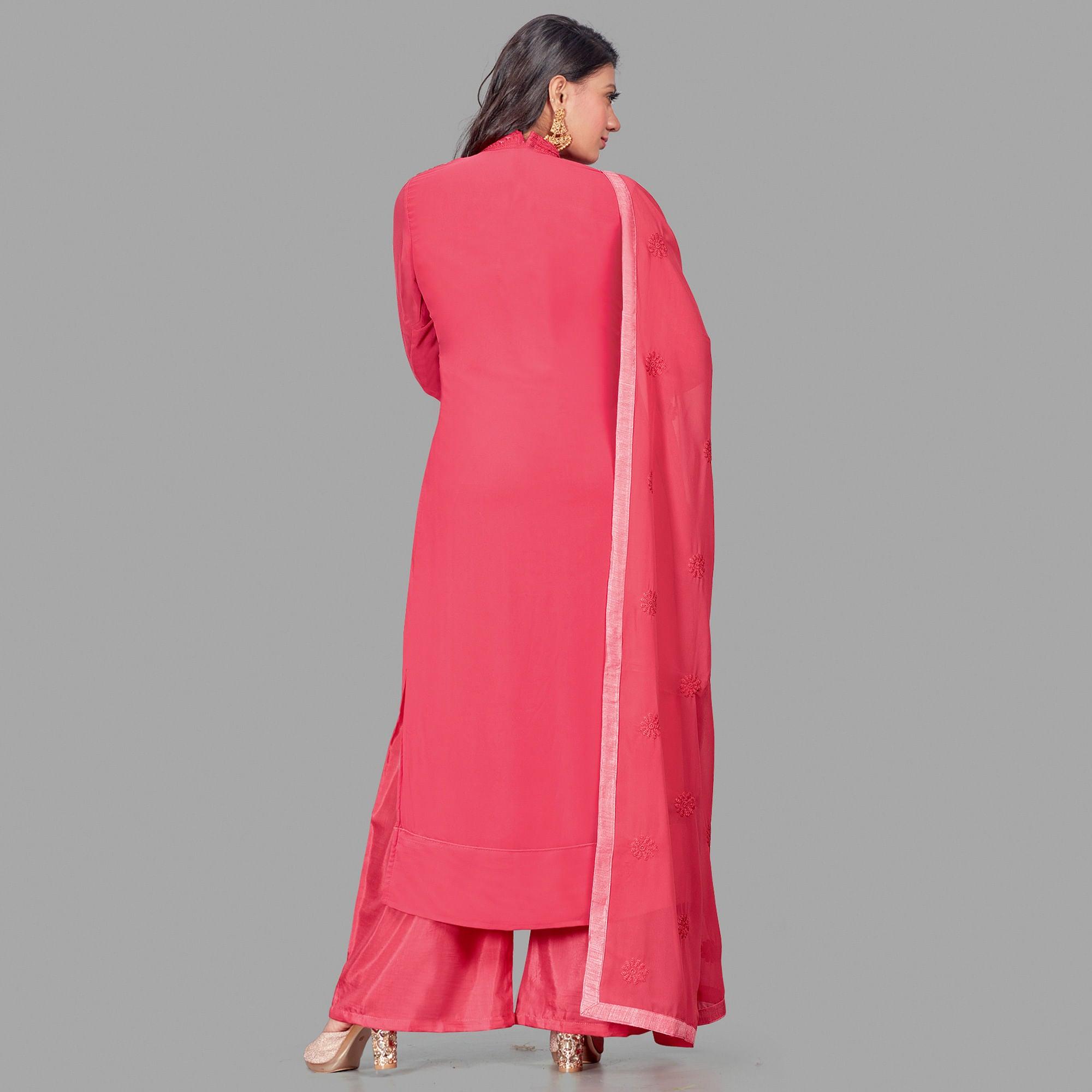 Adorable Red Colored Party Wear Embroidered Faux Georgette Palazzo Suit - Peachmode