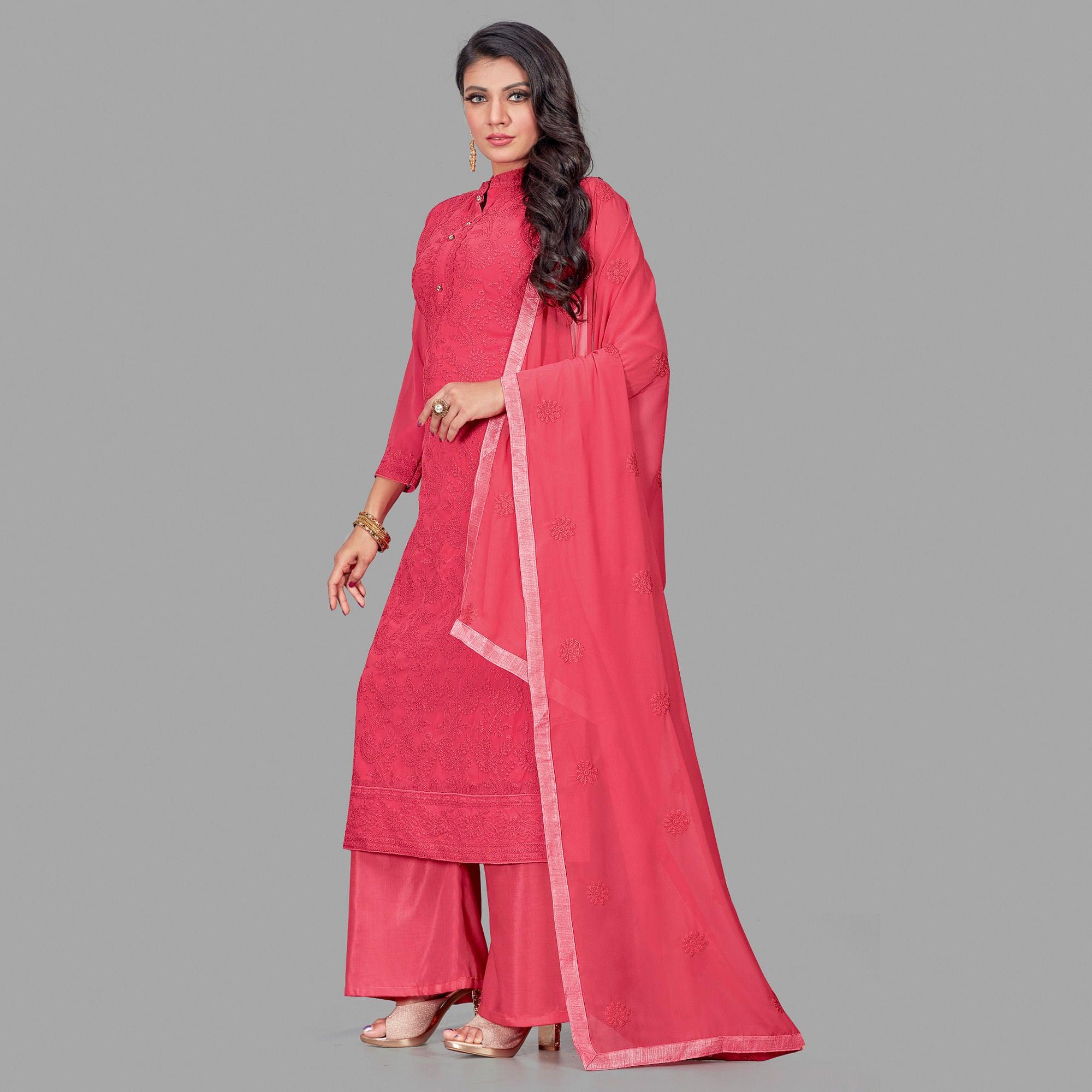 Adorable Red Colored Party Wear Embroidered Faux Georgette Palazzo Suit - Peachmode