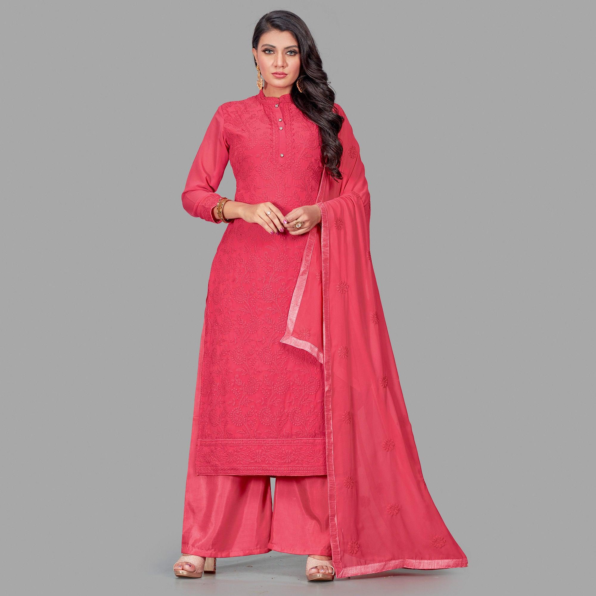 Adorable Red Colored Party Wear Embroidered Faux Georgette Palazzo Suit - Peachmode