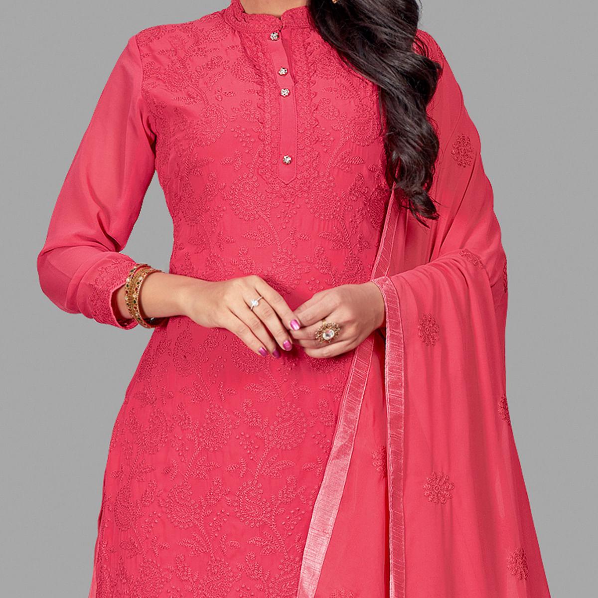Adorable Red Colored Party Wear Embroidered Faux Georgette Palazzo Suit - Peachmode