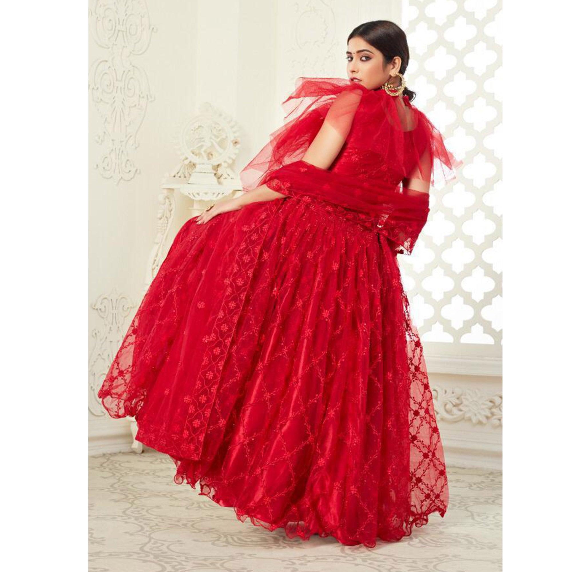 Adorable Red Colored Wedding Wear Thread Embroidered Heavy Net Lehenga Choli - Peachmode