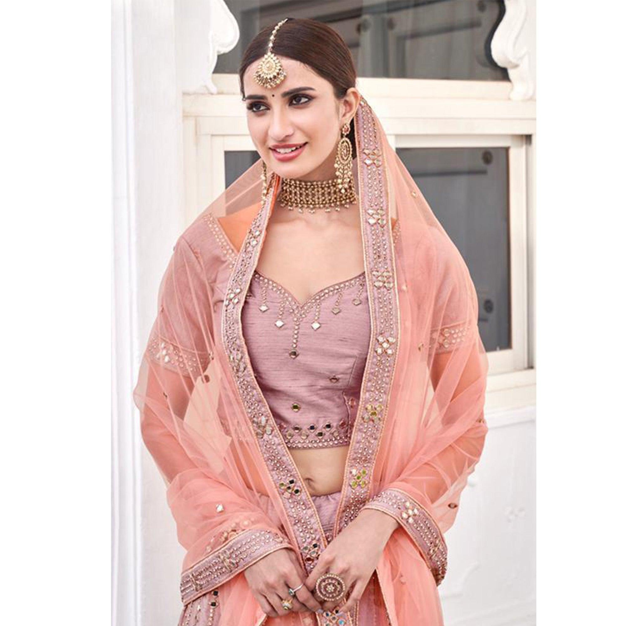 Adorable Rose Pink Wedding Wear Zari Embroidery Heavy Silk Lehenga Choli - Peachmode