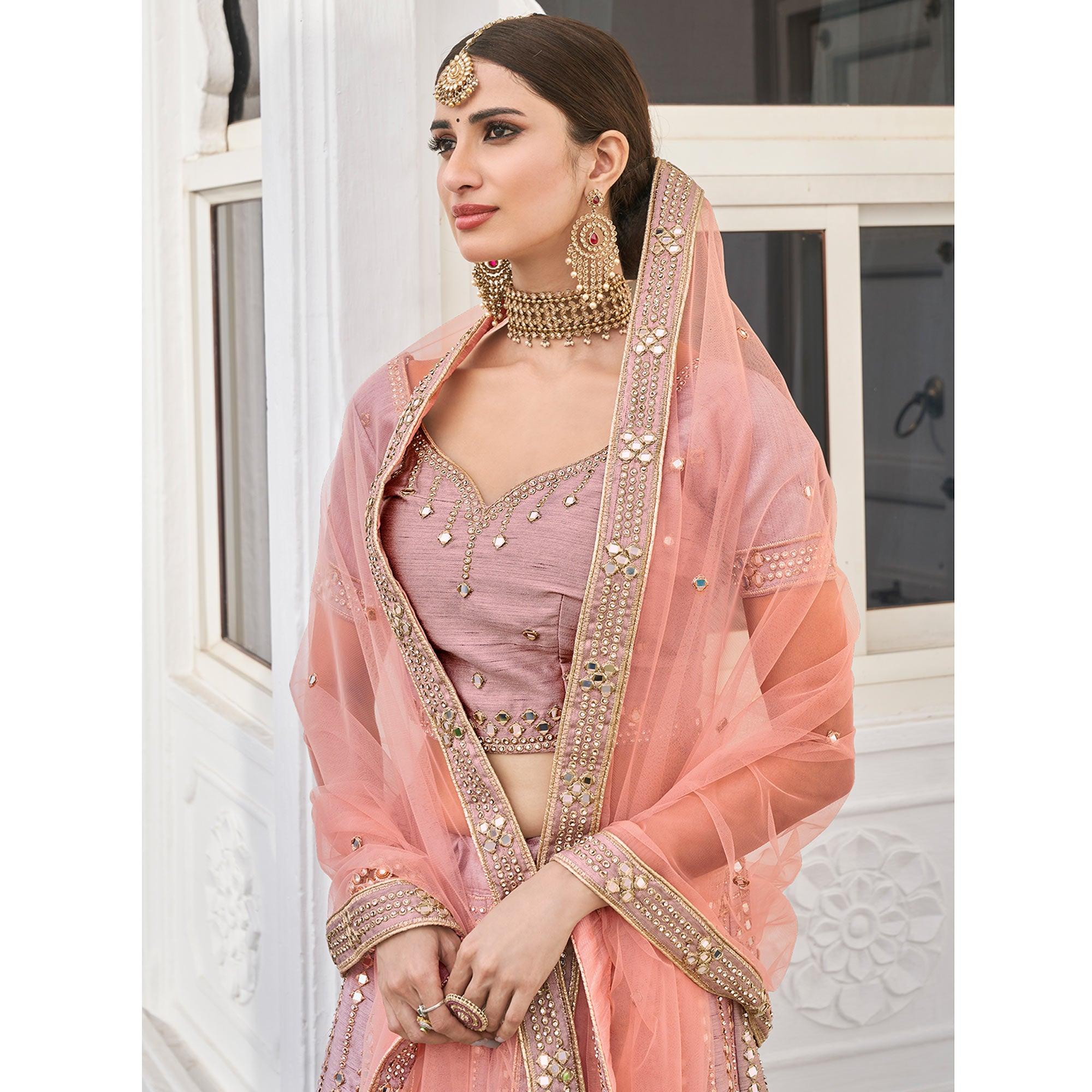 Adorable Rose Pink Wedding Wear Zari Embroidery Heavy Silk Lehenga Choli - Peachmode