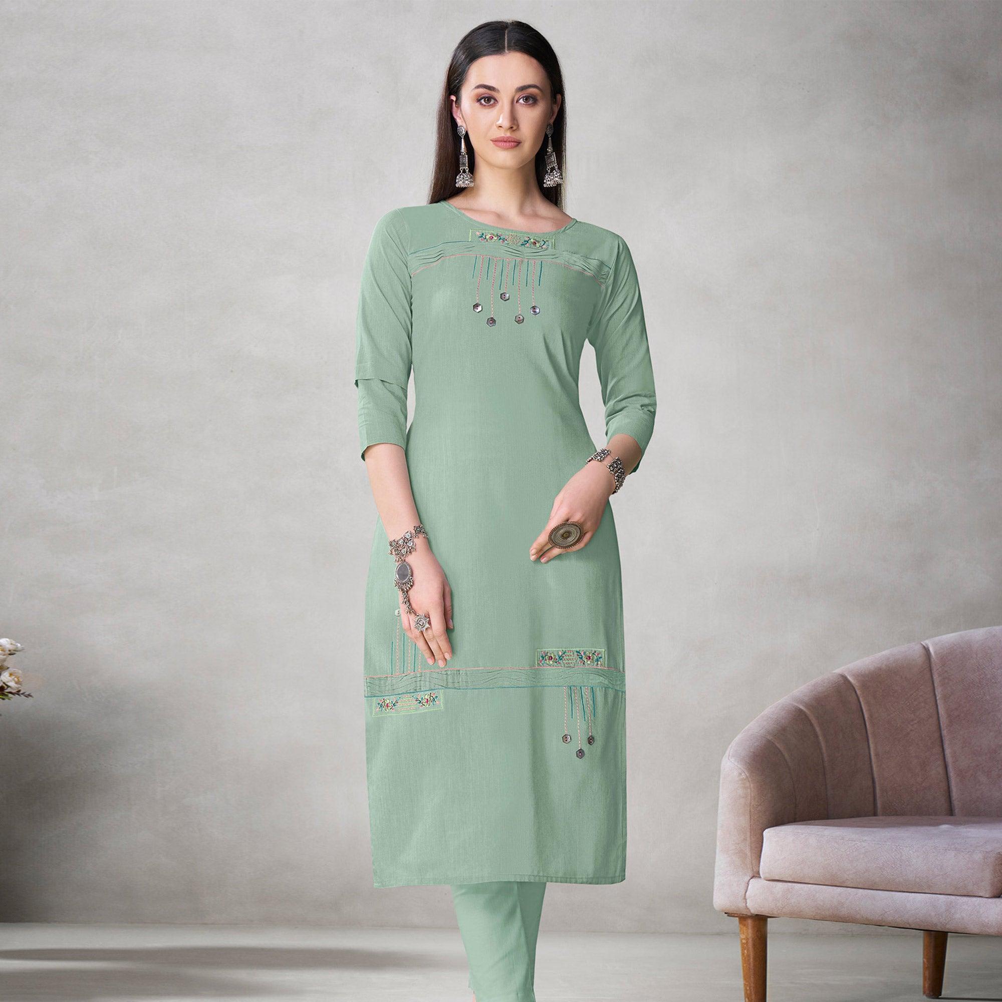 Adorable Sea Green Colored Partywear Embroidered Viscose Kurti - Peachmode