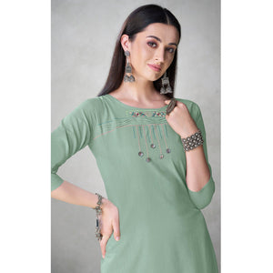 Adorable Sea Green Colored Partywear Embroidered Viscose Kurti - Peachmode
