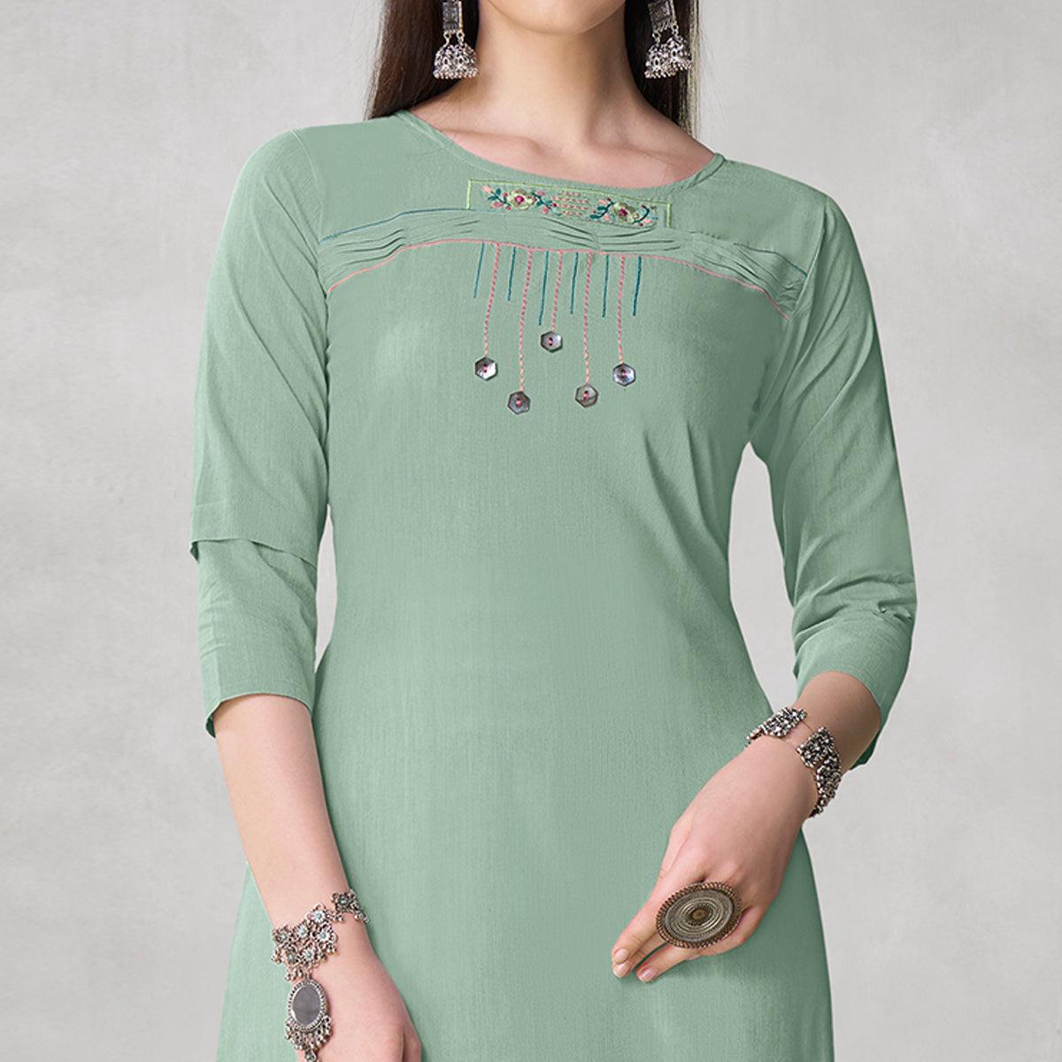 Adorable Sea Green Colored Partywear Embroidered Viscose Kurti - Peachmode
