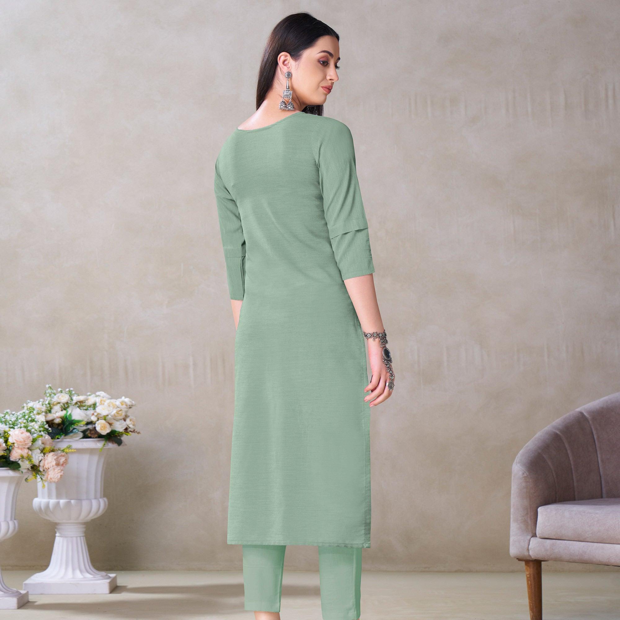 Adorable Sea Green Colored Partywear Embroidered Viscose Kurti - Peachmode