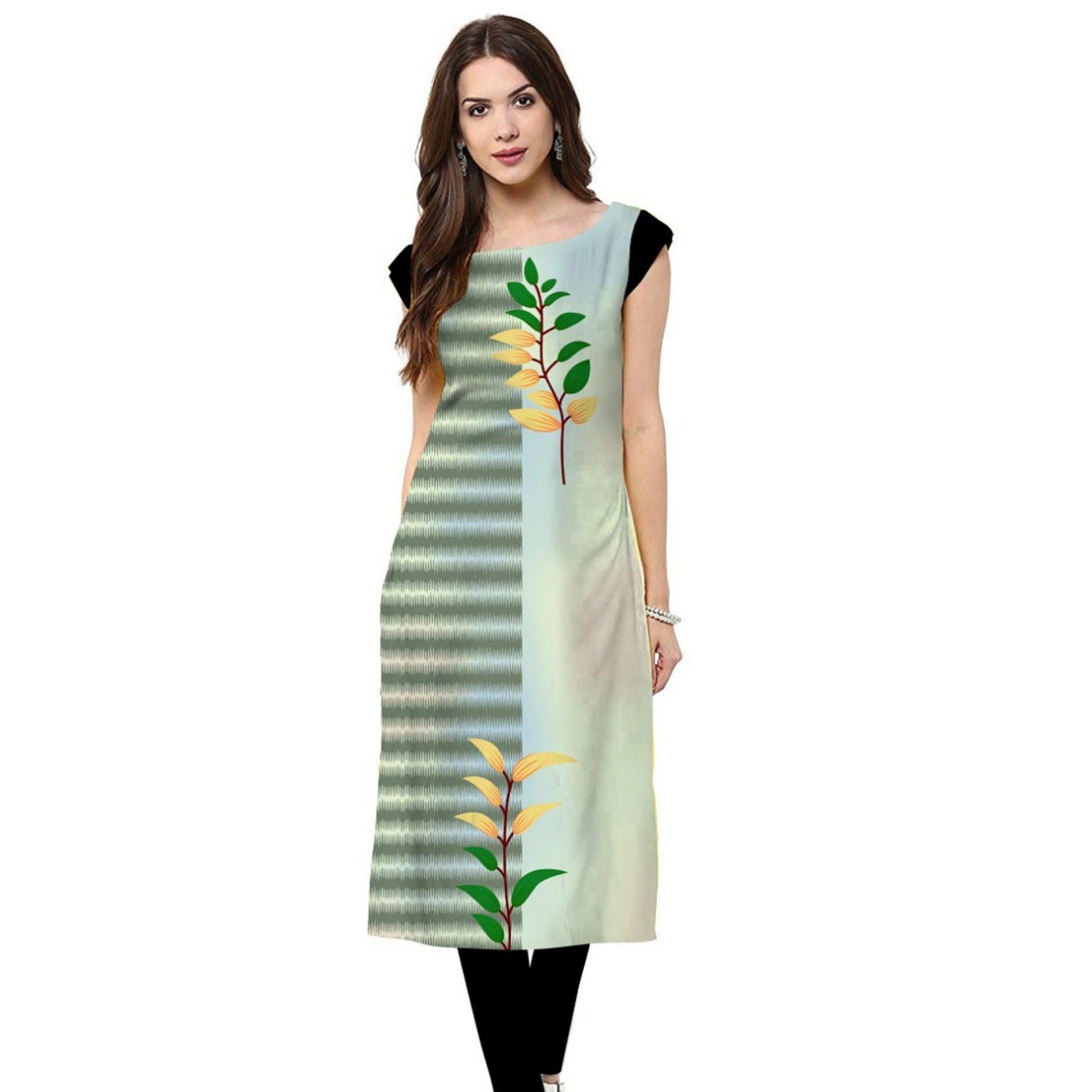 Adorable Teal Gray Colored Casual Printed Crepe Kurti - Peachmode