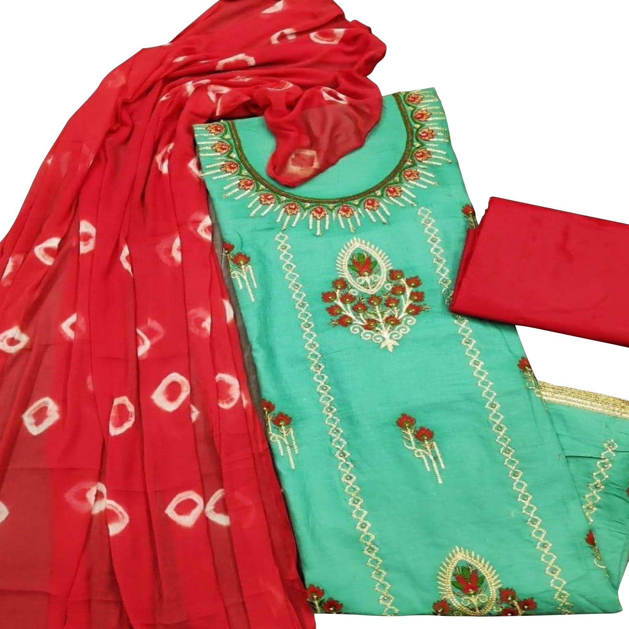 Adorable Turquoise Blue Colored Partywear Embroidered Modal Chanderi Dress Material - Peachmode