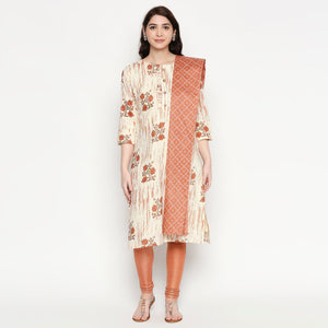 Adorable White-Mauve Colored Casual Wear Floral Printed Cotton Kurti With Dupatta - Peachmode