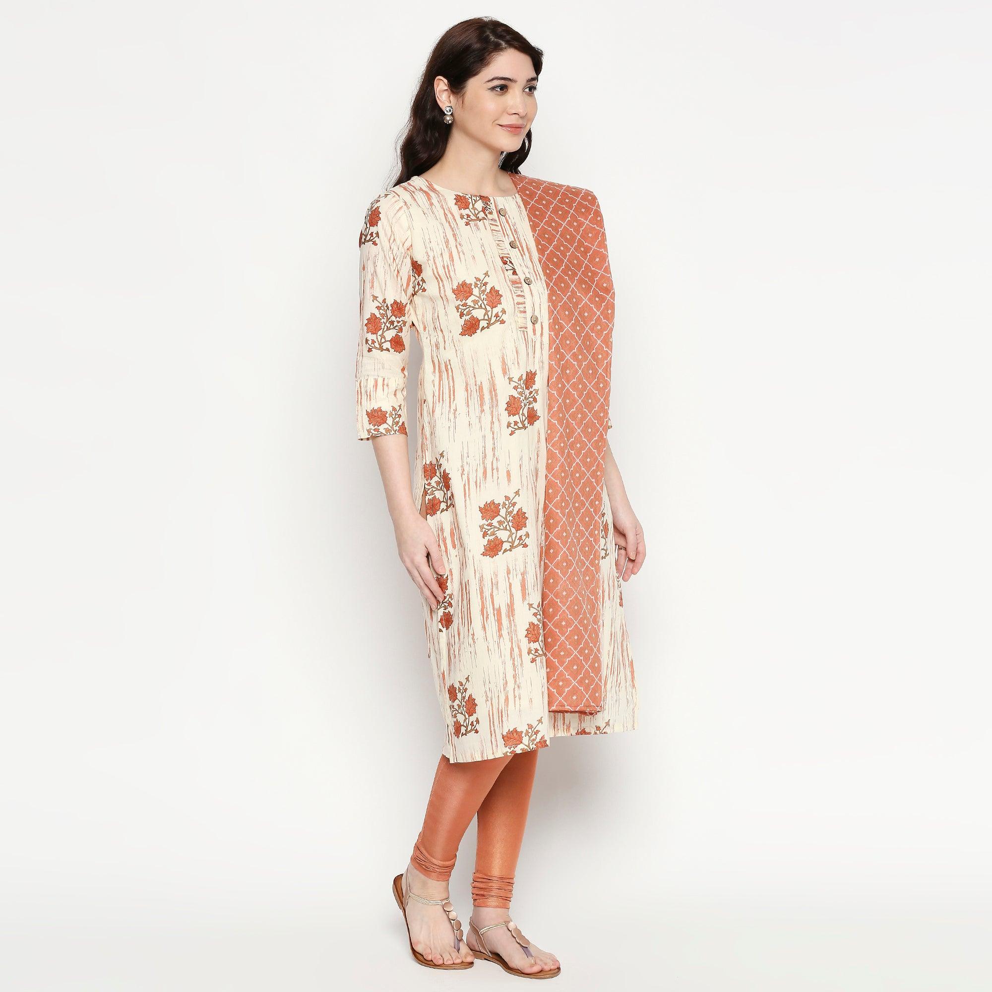 Adorable White-Mauve Colored Casual Wear Floral Printed Cotton Kurti With Dupatta - Peachmode