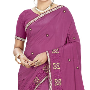 Adorable Wine Colored Casual Wear Embroidered Crepe Saree - Peachmode