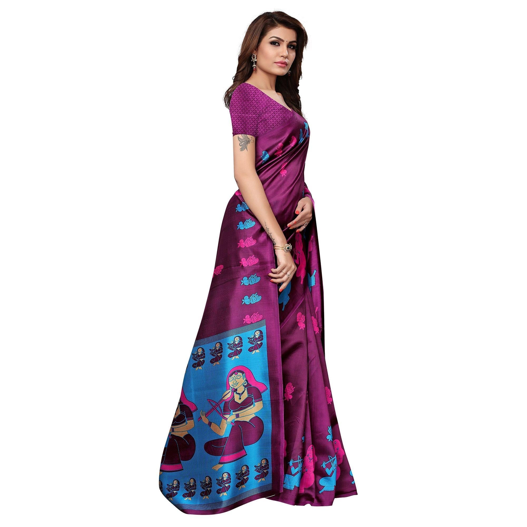 Adorable Wine Colored Festive Wear Printed Art Silk Saree - Peachmode