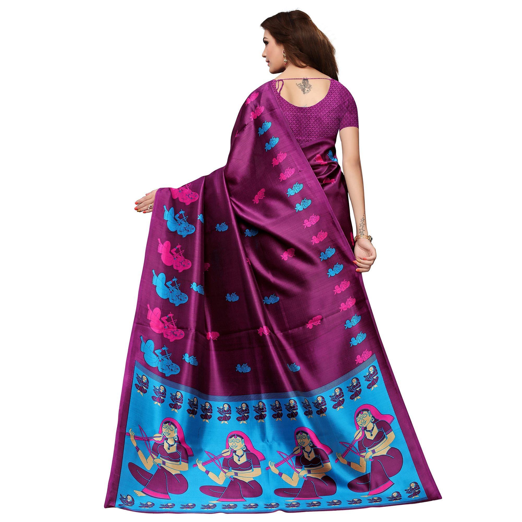 Adorable Wine Colored Festive Wear Printed Art Silk Saree - Peachmode