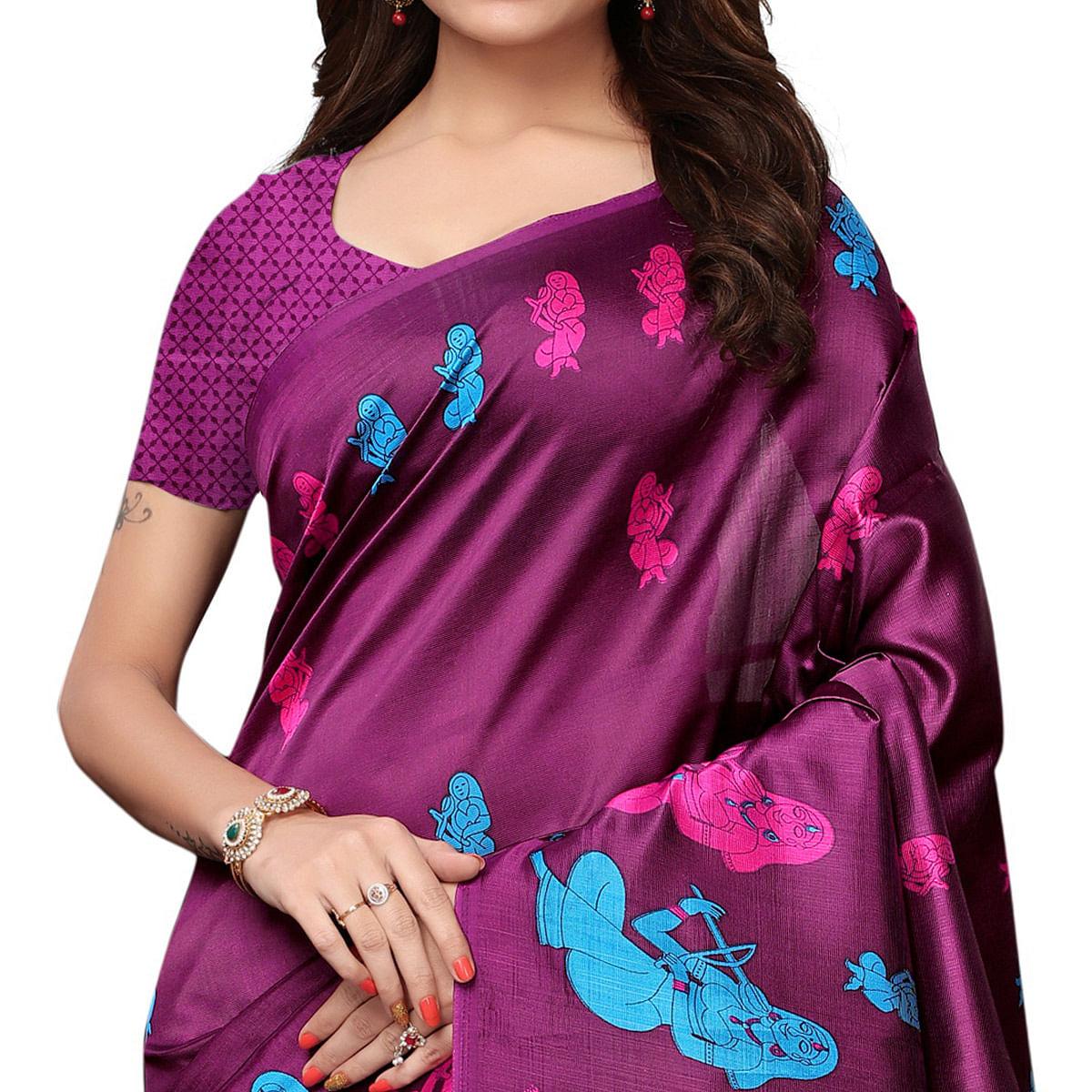 Adorable Wine Colored Festive Wear Printed Art Silk Saree - Peachmode