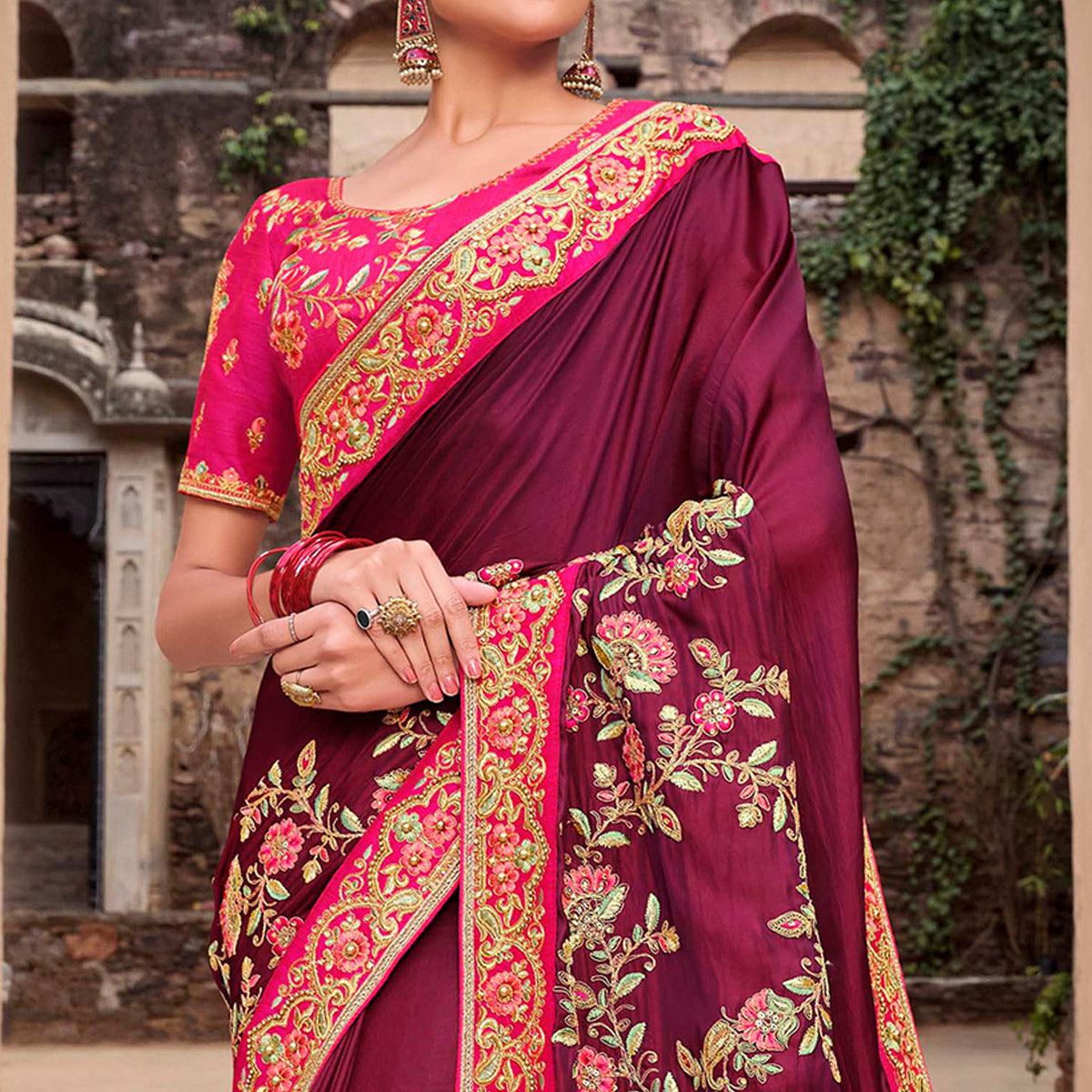 Adorable Wine Colored Partywear Embroidered Satin - Gerogette Saree - Peachmode