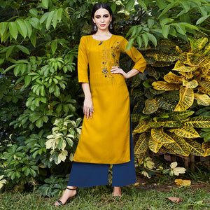 Adorable Yellow Colored Casual Wear Embroidered Cotton Sulb Kurti - Peachmode
