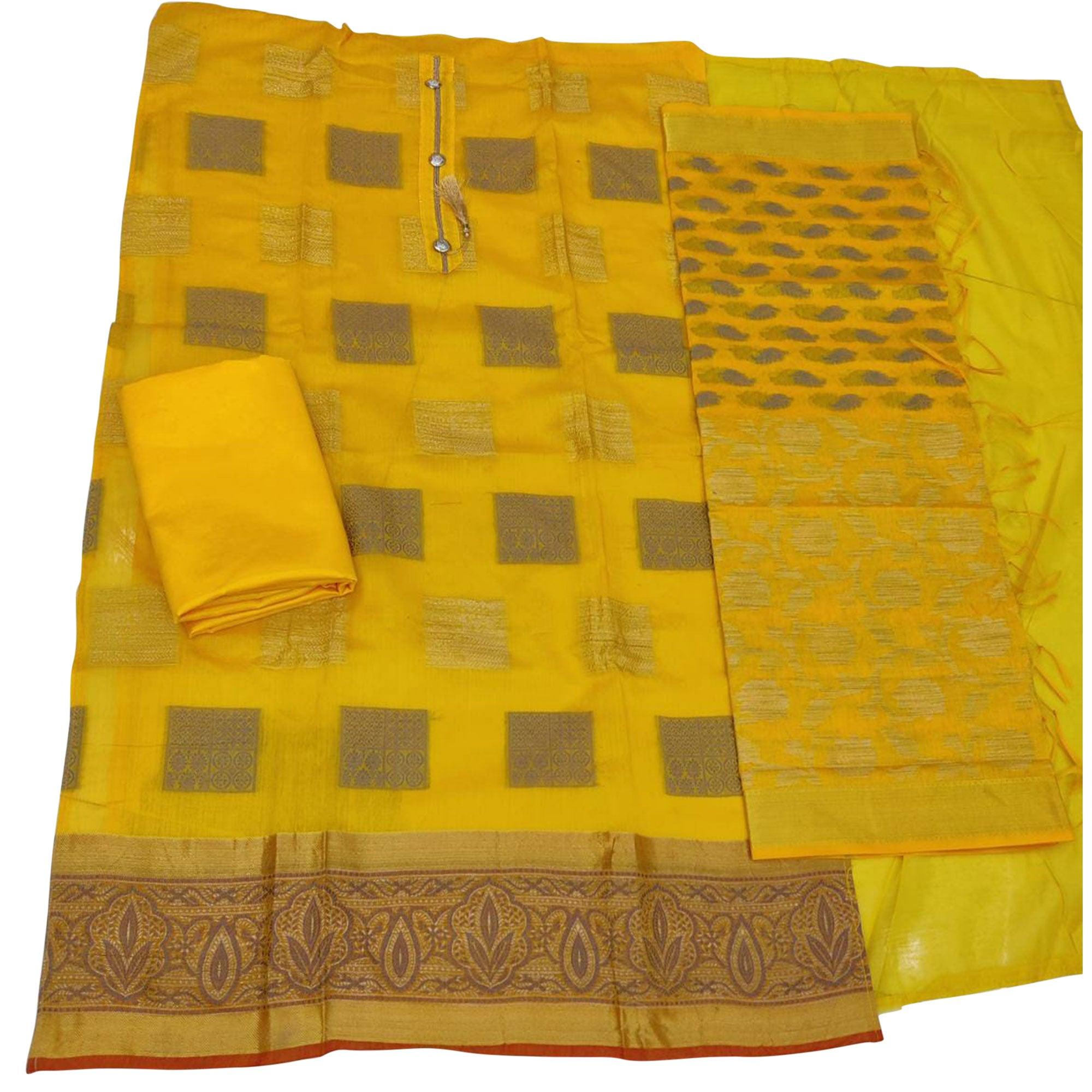 Adorable Yellow Colored Casual Wear Woven Banarasi Jacquard Dress Material - Peachmode