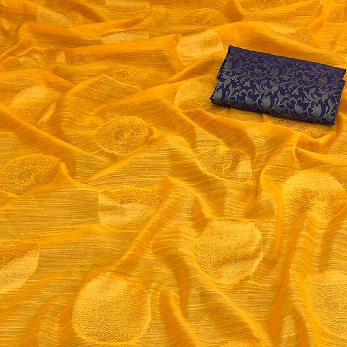 Adorable Yellow Colored Festive Wear Woven Cotton Saree - Peachmode