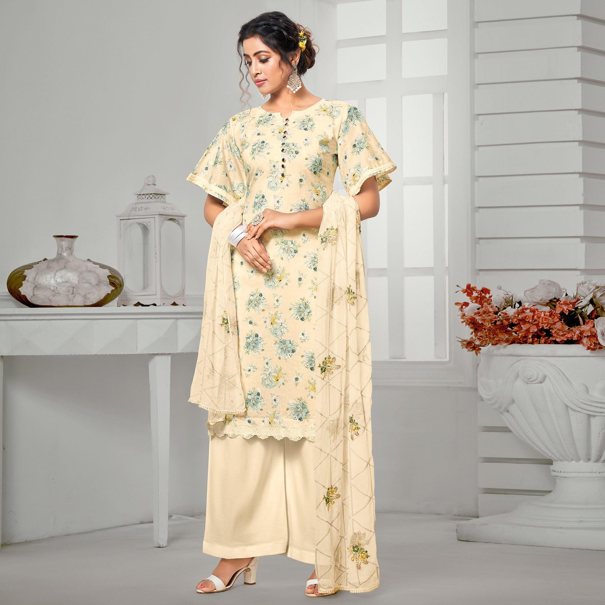 Adorning Beige Colored Casual Wear Digital Printed Cotton Dress Material - Peachmode