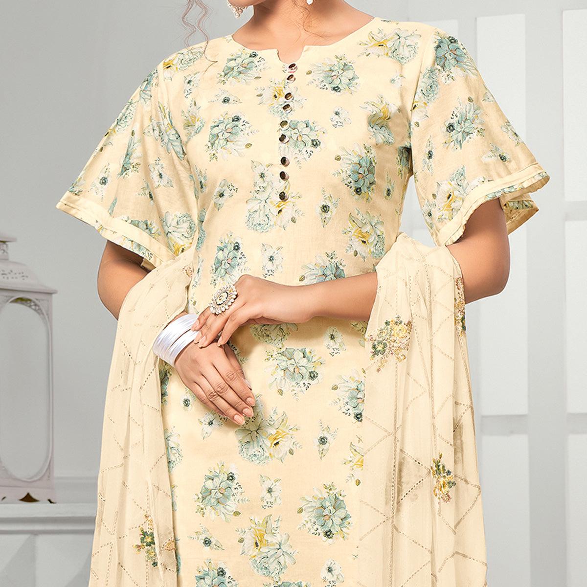 Adorning Beige Colored Casual Wear Digital Printed Cotton Dress Material - Peachmode