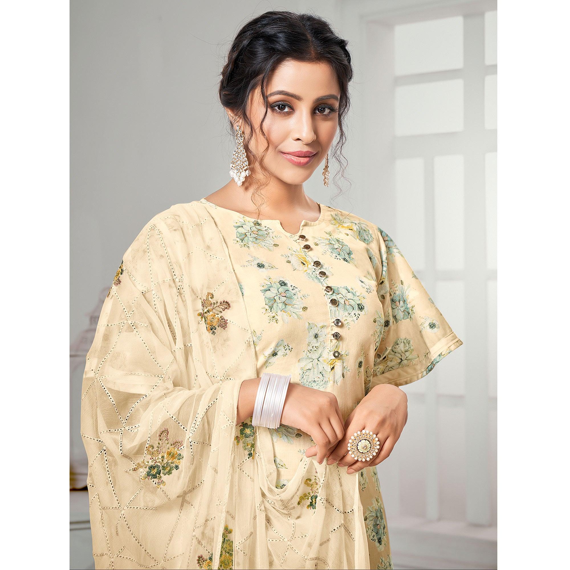 Adorning Beige Colored Casual Wear Digital Printed Cotton Dress Material - Peachmode