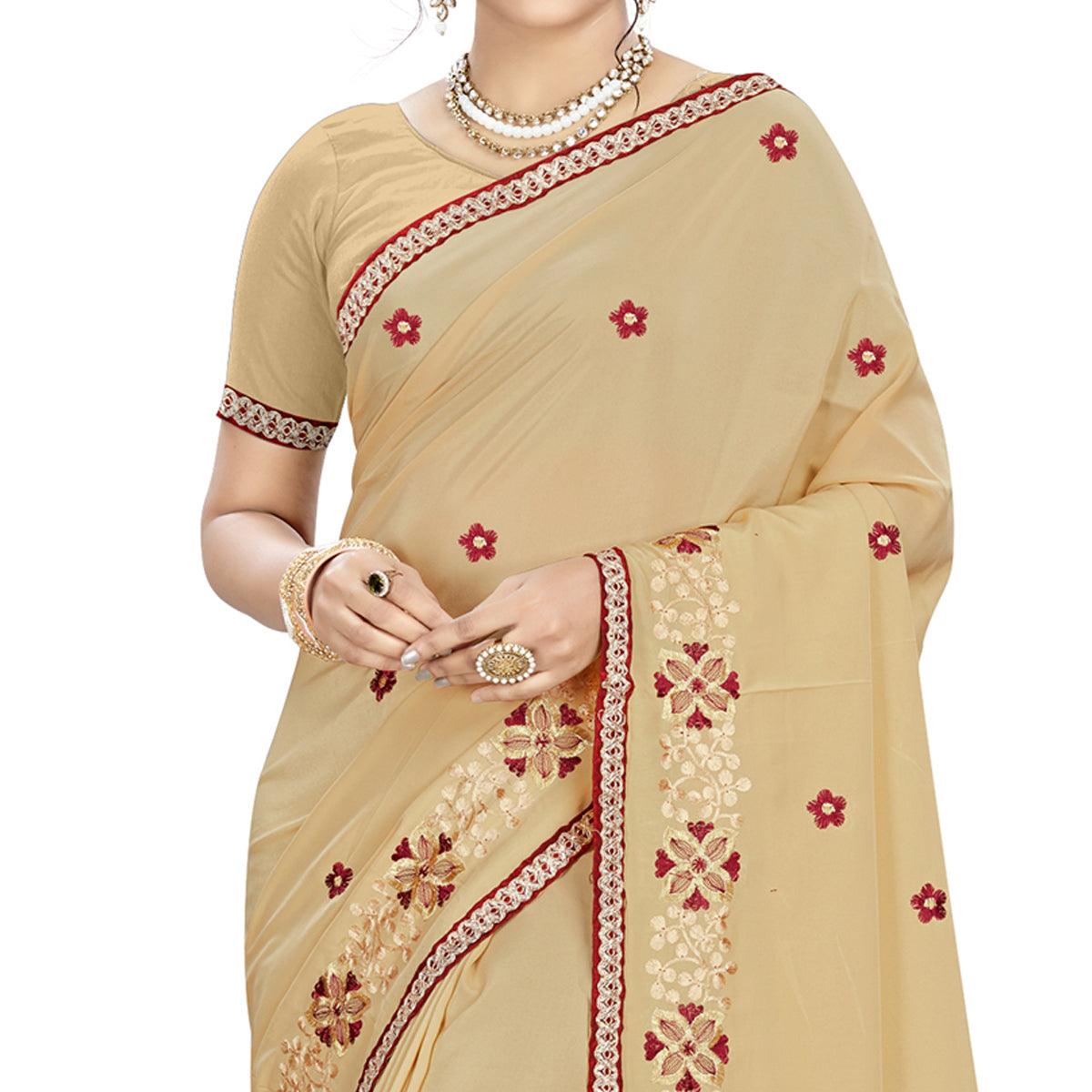 Adorning Beige Colored Casual Wear Embroidered Crepe Saree - Peachmode