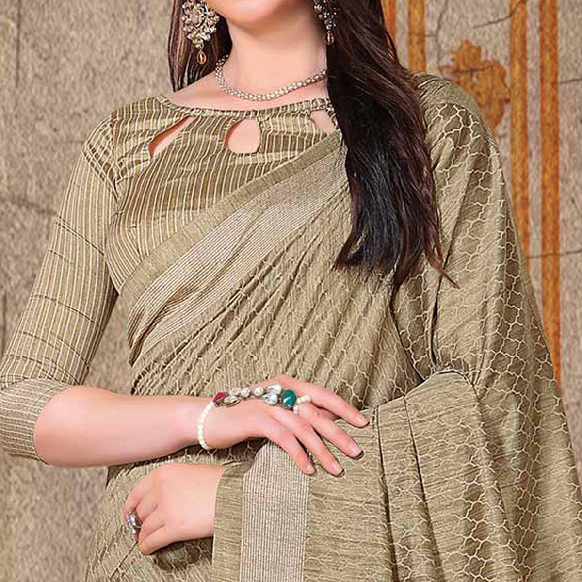 Adorning Beige Colored Festive Wear Printed Bhagalpuri Silk Saree - Peachmode