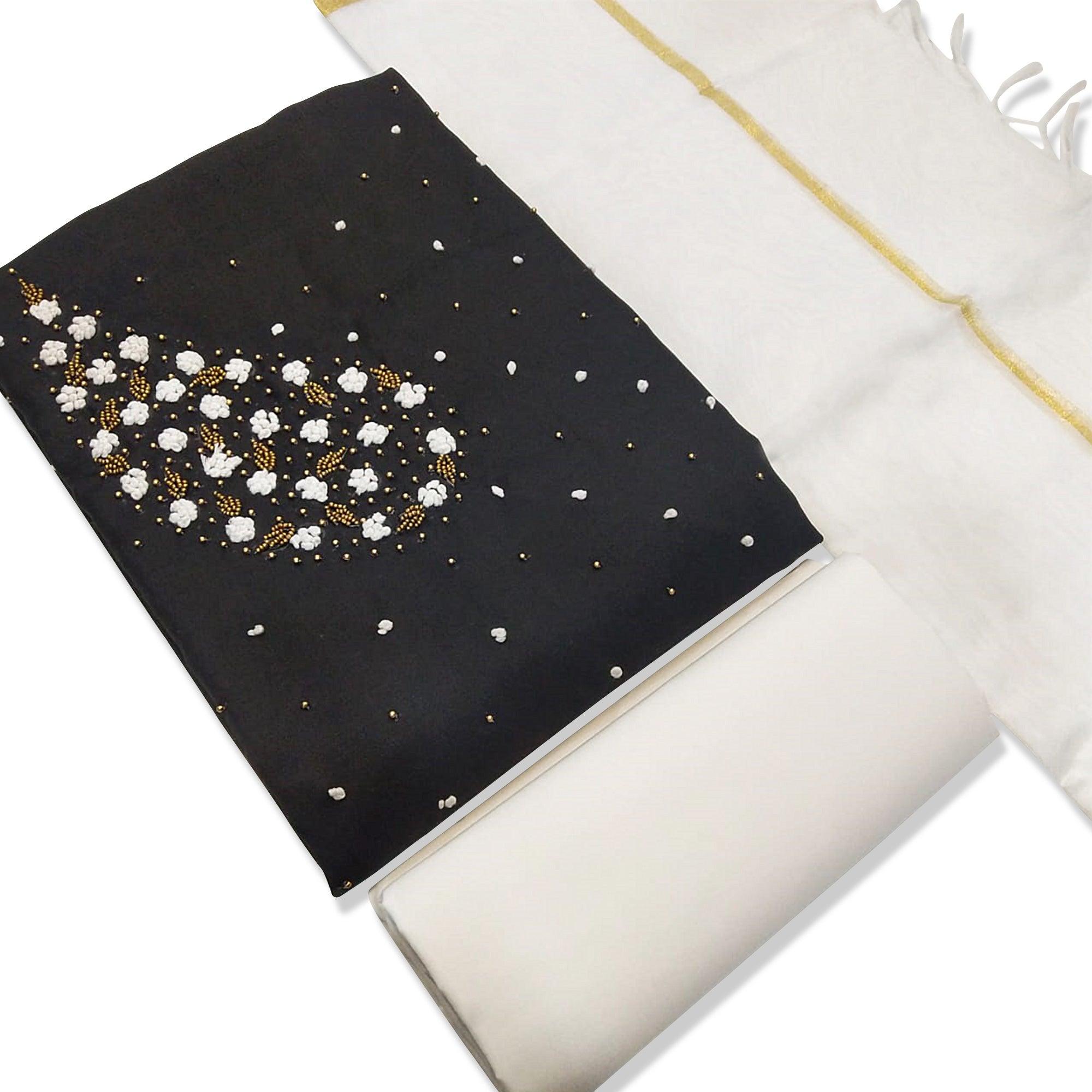 Adorning Black Colored Casual Wear Embroidered Modal Dress Material - Peachmode