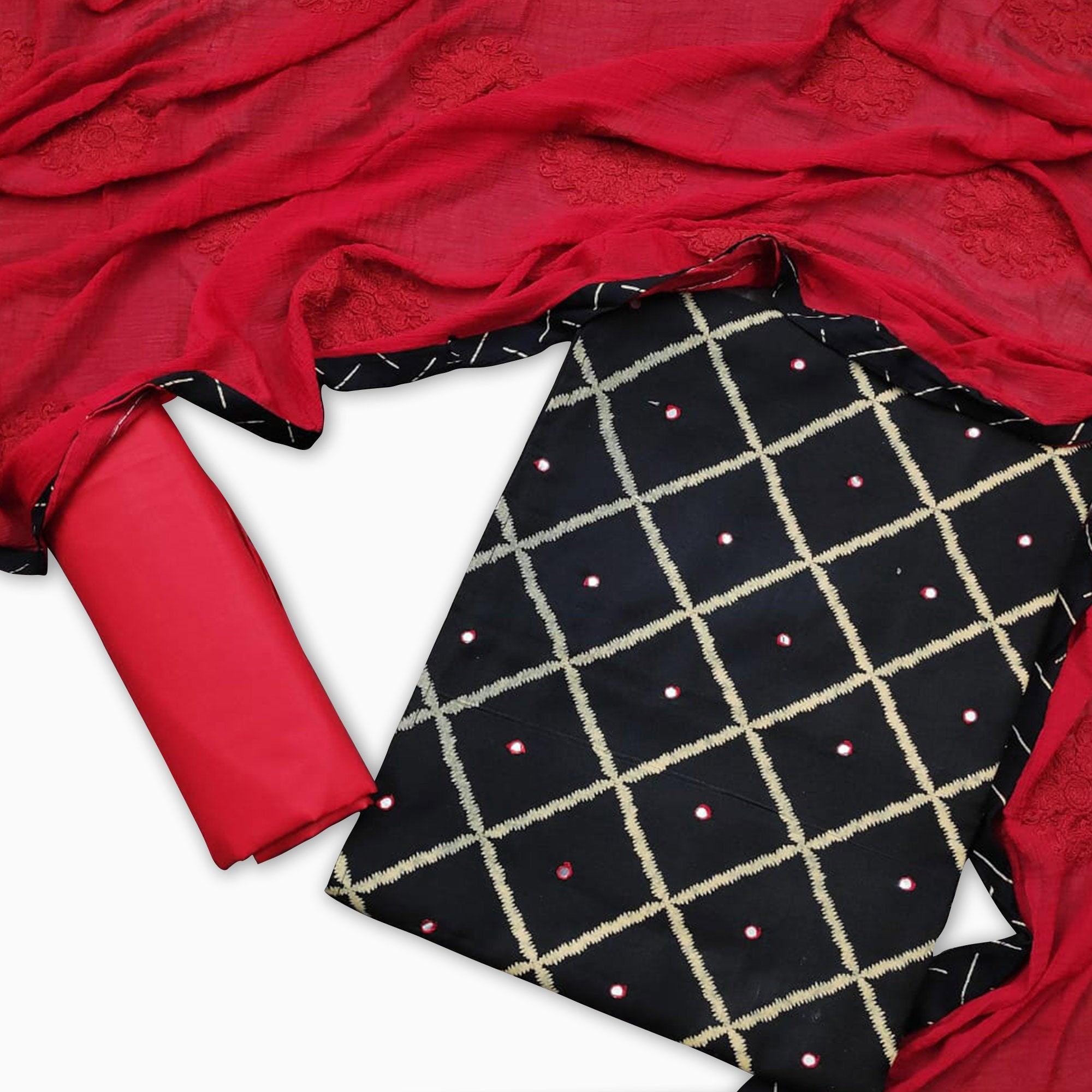 Adorning Black-Red Colored Casual Wear Printed Cotton Dress Material - Peachmode