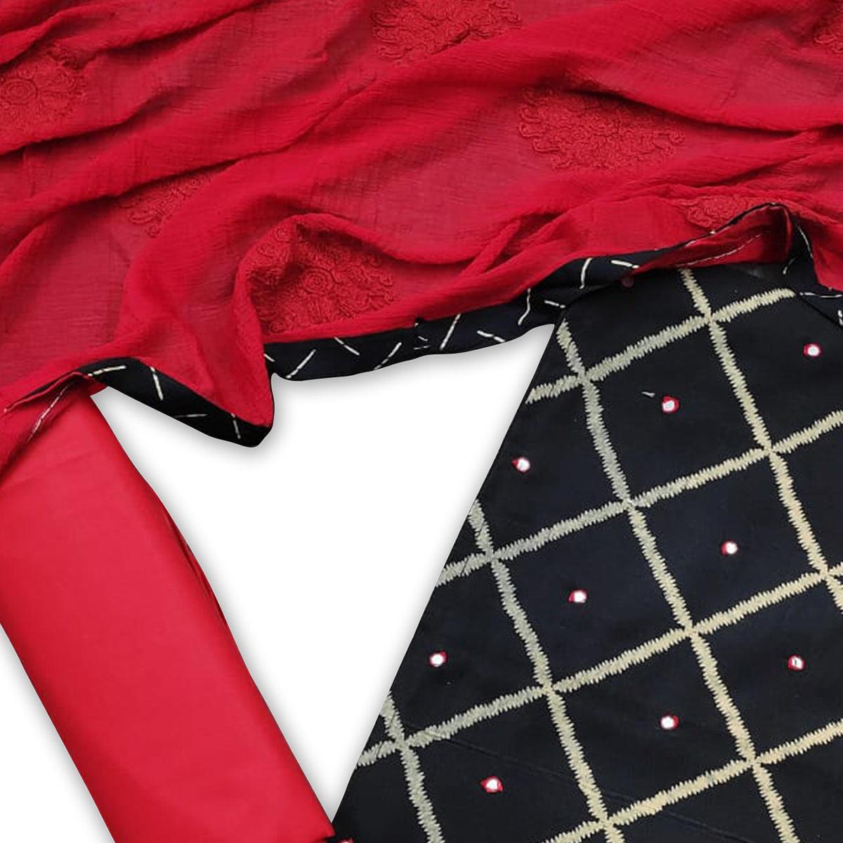 Adorning Black-Red Colored Casual Wear Printed Cotton Dress Material - Peachmode
