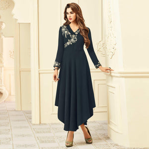 Adorning Blackish Grey Colored Party Wear Floral Embroidered Rayon Kurti - Peachmode
