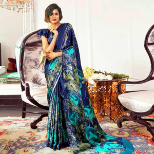 Adorning Blue Colored Partywear Rose Printed Japan Satin-Crepe Saree - Peachmode