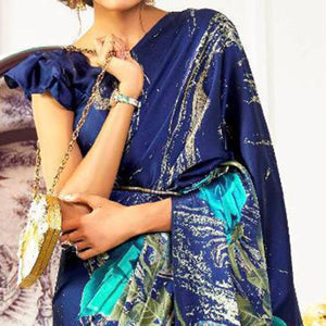 Adorning Blue Colored Partywear Rose Printed Japan Satin-Crepe Saree - Peachmode